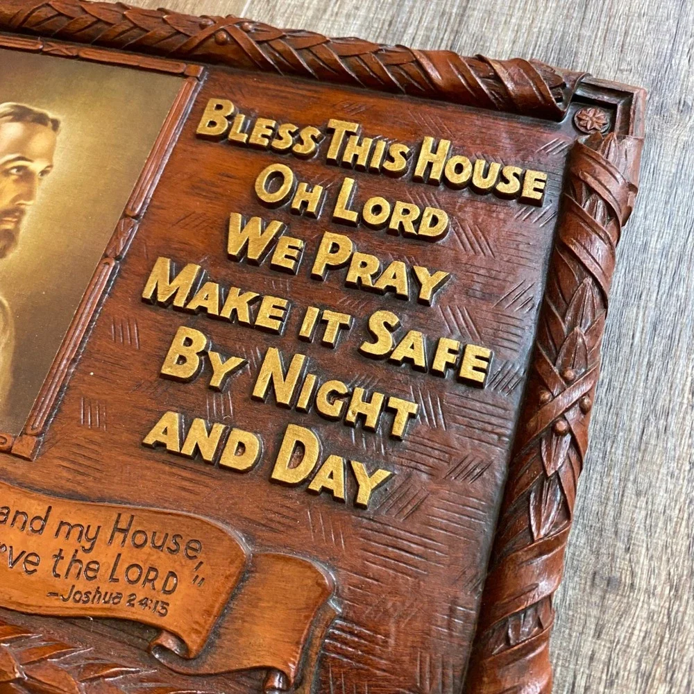 Vintage Warner Press Art-Wood Jesus Christ Bless This House Plaque N4901 USA